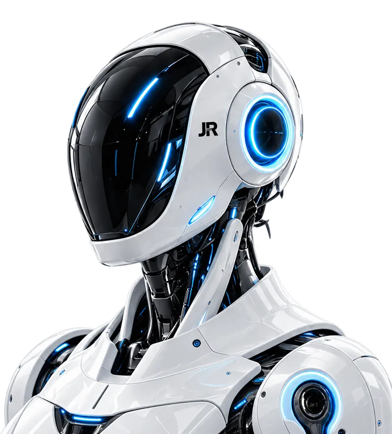 JyotiRitu white and chrome AI robot with electric blue details